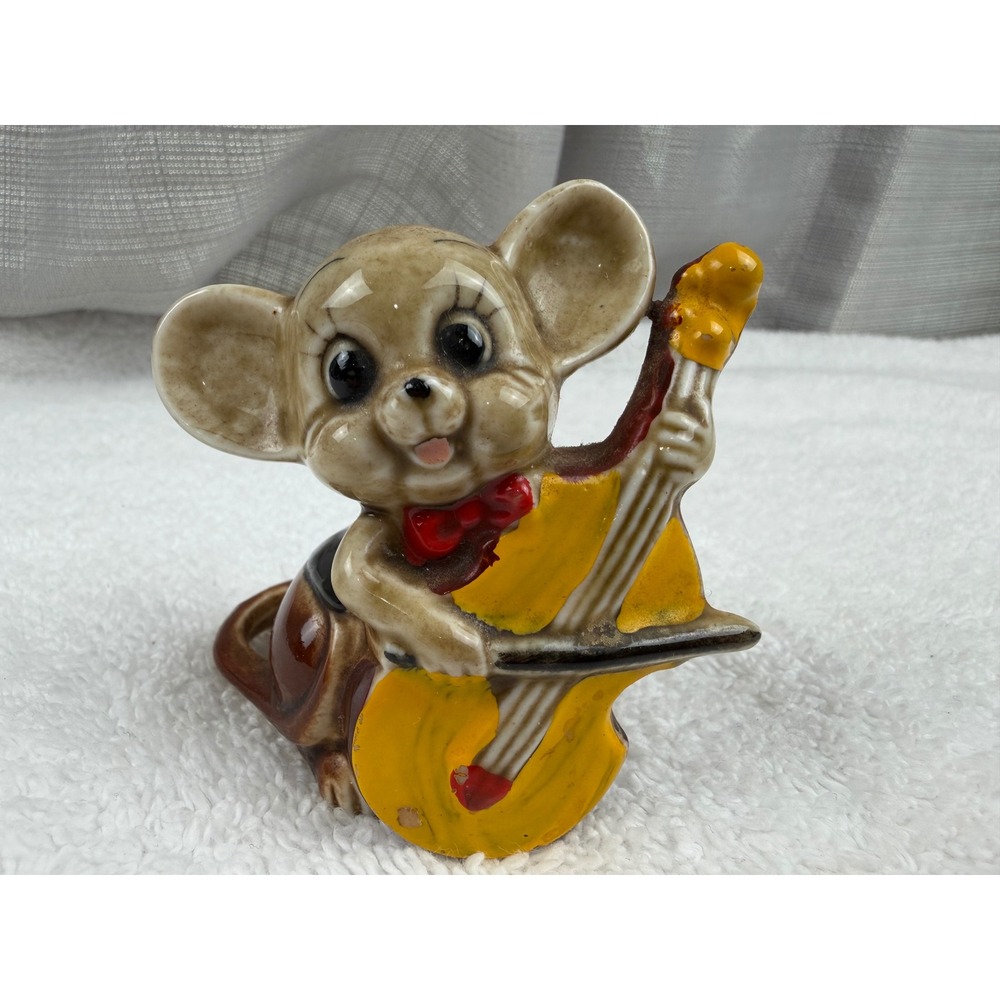 Vintage Ceramic Mouse Figurine Playing Cello Musician Hand Painted Brown Yellow